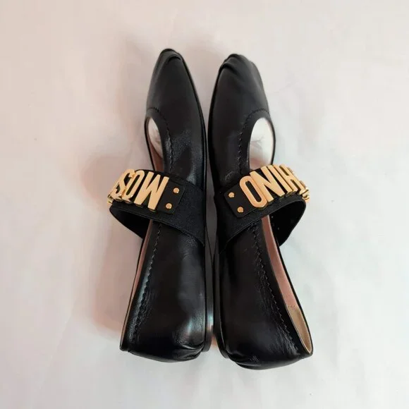 Moschino Couture Leather Ballet Flats With Gold Metal Letter Logo Sz 39 - Picture 6 of 10